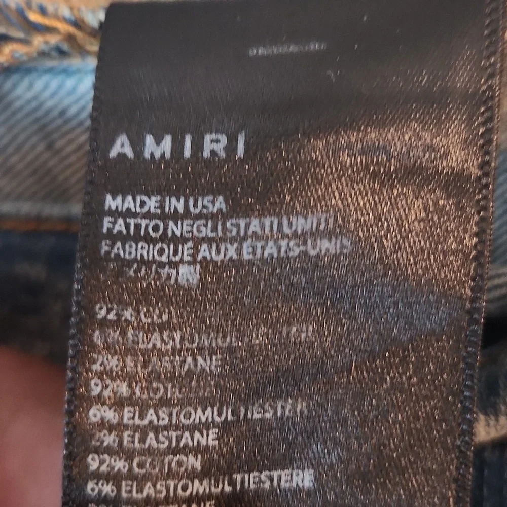 AMIRI Blue and White Skinny Jeans with Distressed Details